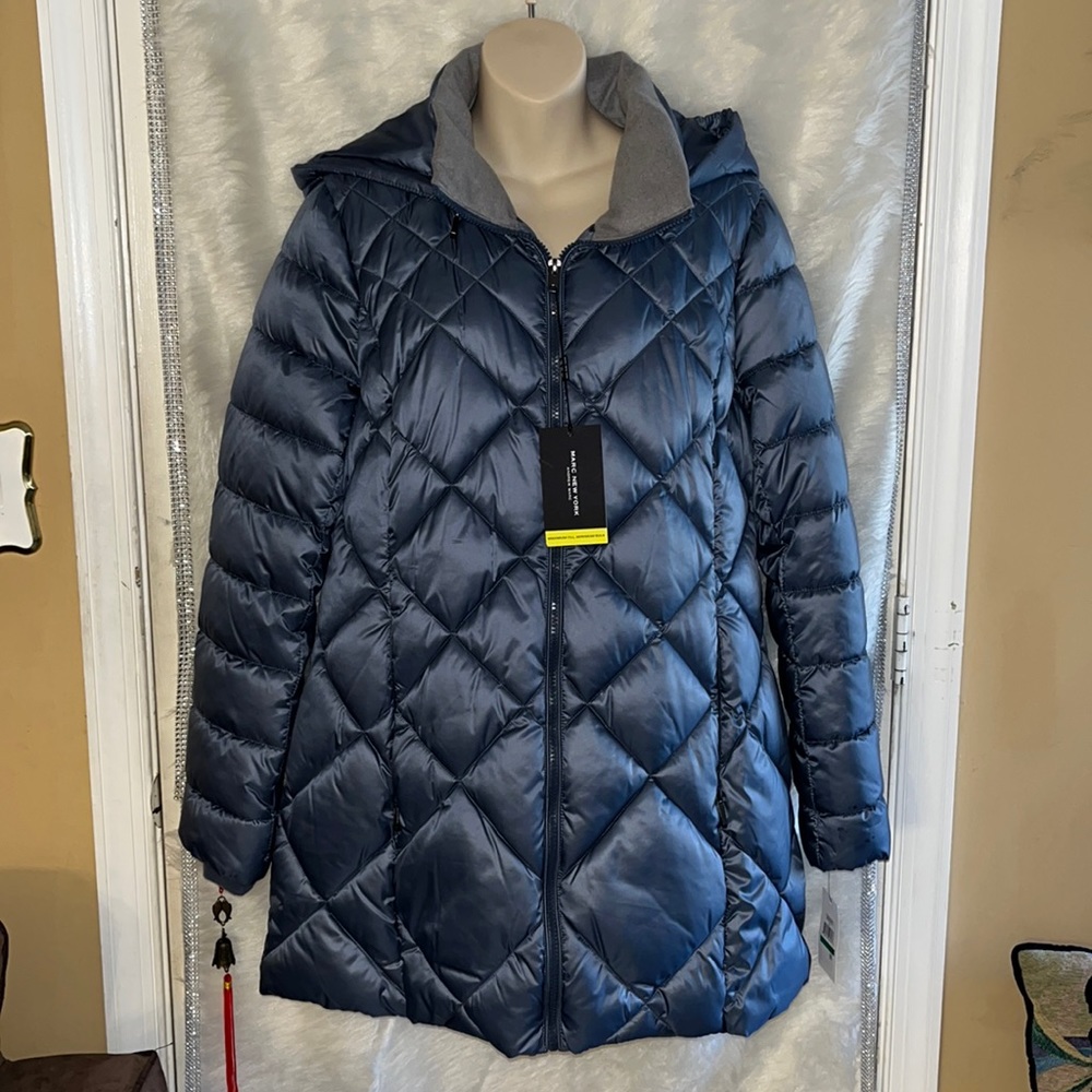 Andrew Marc New York Blue Claremont Diamond Quilted Coat Down Jacket w/ Hood